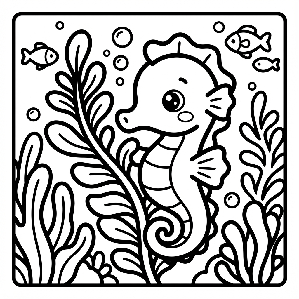 Gentle seahorse on seaweed, great for bold line coloring pages and easy coloring pages for toddlers.